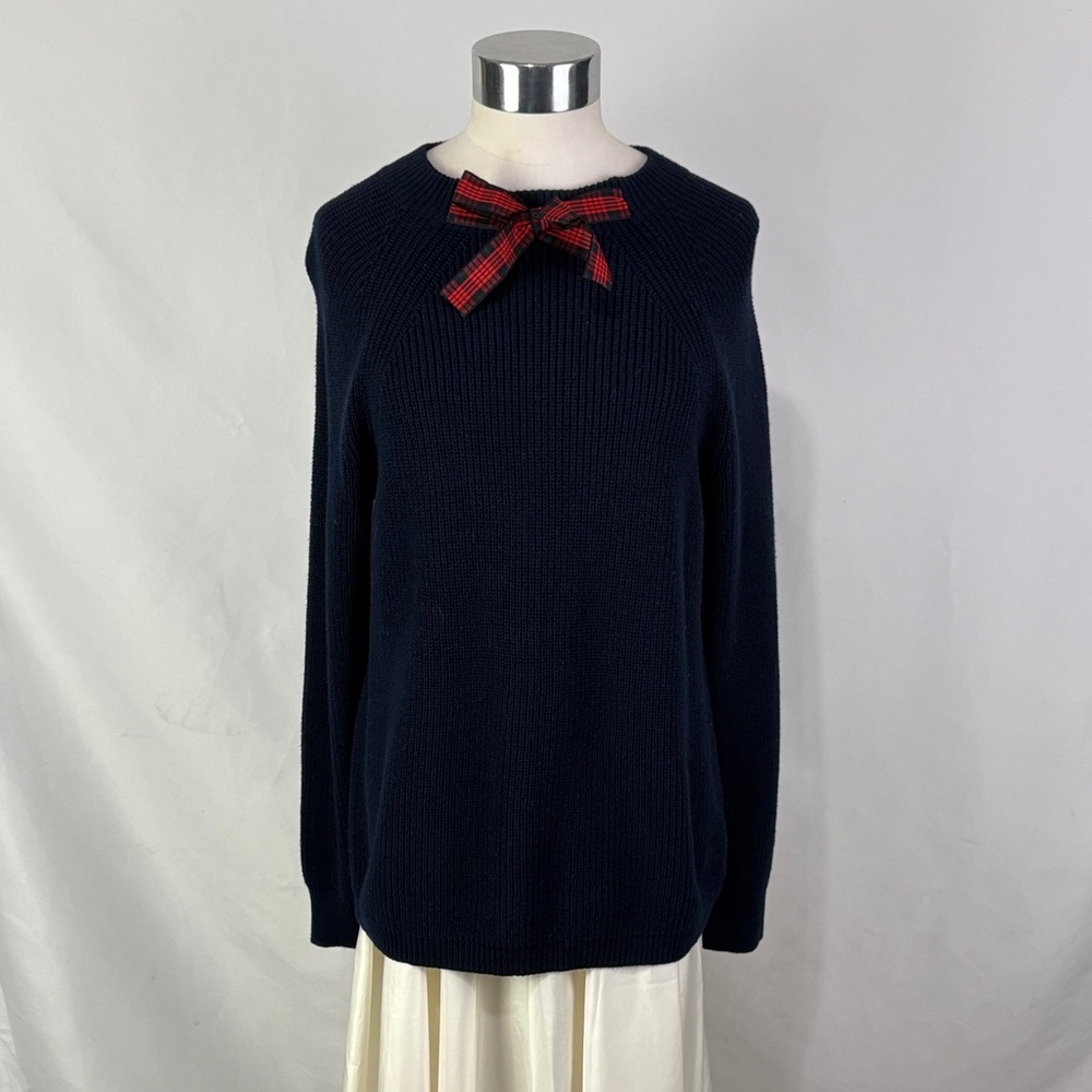 J Crew Navy Blue Sweater with Red Bow Accent - Picture 2 of 7
